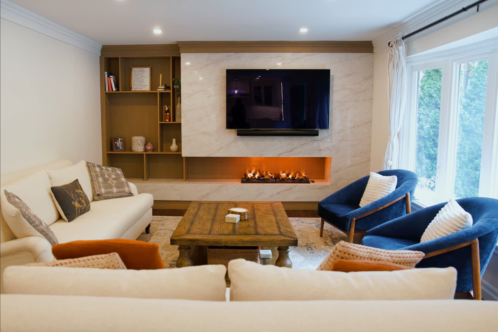 Fireplace and Bookshelf, Glen Abbey — residential interior project in Oakville, ON