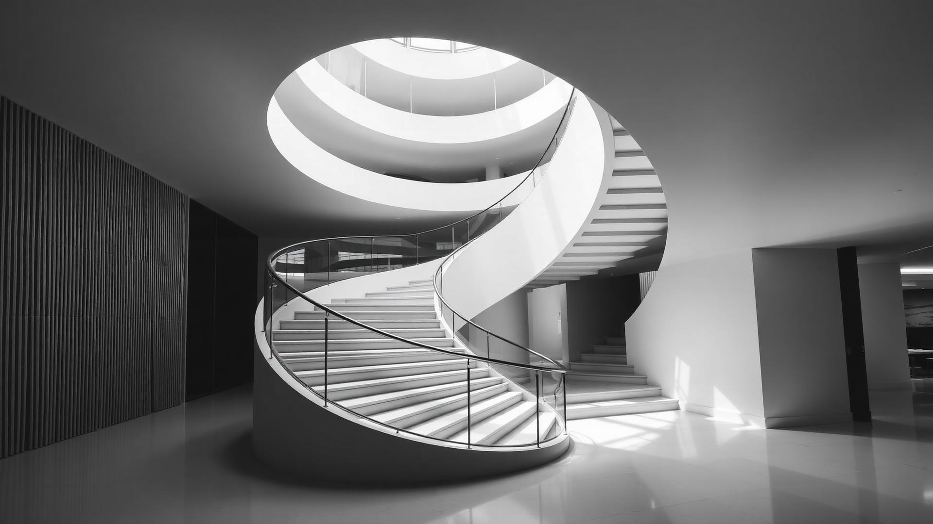 Sculptural monochrome staircase interior by Brickwood Consulting